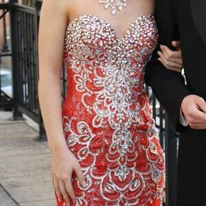 Red Sequined MacDuggal Prom Dress